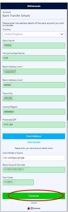 William Hill screenshot displaying fields to enter bank transfer details