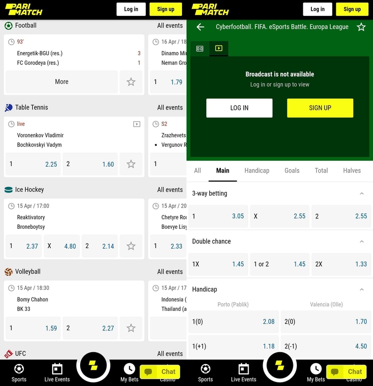 Parimatch app screenshot